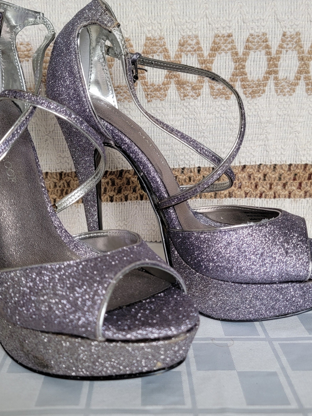 Adrienne Maloof Silver Lilac Glitter Platform Heels